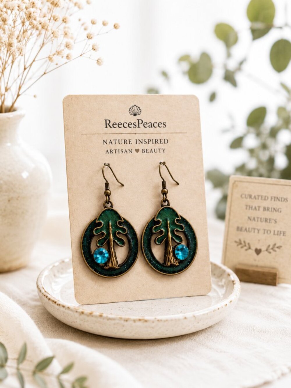 Nature Inspired Tree Drop Earrings Bronze Teal Crystal